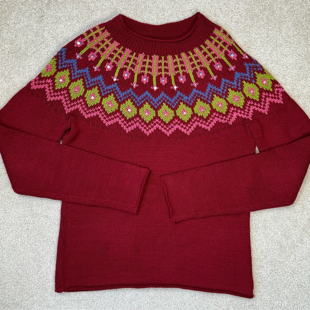 Calvin Klein Fair Isle Sweater Sequins Red Crewneck Cotton Blend Holiday Size XL